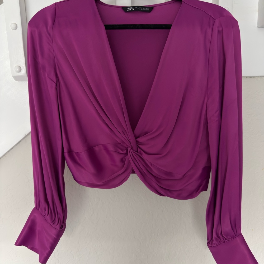 Zara Magenta Twist-Front Long Sleeve Blouse
